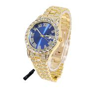 HALUKAKAH Montre Diamants Iced Out pour Garçons Ados - Plaqué Or 18 Carats, Cadran Bleu 42mm, Longueur 20cm, avec Outil de Réglage - Boîte-Cadeau en Feuille d'or