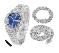 HALUKAKAH Montre Diamants Iced Out pour Garçons Ados - Plaqué Platine, Cadran Bleu 42mm, Longueur 20cm, avec Chaînes Cubaines 18+40cm et Outil de Réglage - Boîte-Cadeau en Feuille d'or