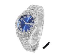 HALUKAKAH Montre Diamants Iced Out pour Garçons Ados - Plaqué Platine, Cadran Bleu 42mm, Longueur 20cm, avec Outil de Réglage - Boîte-Cadeau en Feuille d'or