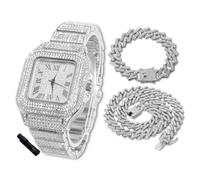 HALUKAKAH Montre Diamants Iced Out pour Garçons Ados - Plaqué Platine, Cadran Carré 40mm, Longueur 20cm, avec Chaînes Cubaines 18+40cm et Outil de Réglage - Boîte-Cadeau en Feuille d'or