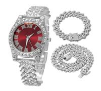 HALUKAKAH Montre Diamants Iced Out pour Garçons Ados - Plaqué Platine, Cadran Rouge 36mm, Longueur 20cm, avec Chaînes Cubaines 18+40cm et Outil de Réglage - Boîte-Cadeau en Feuille d'or