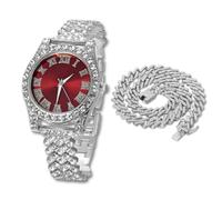 HALUKAKAH Montre Diamants Iced Out pour Garçons Ados - Plaqué Platine, Cadran Rouge 36mm, Longueur 20cm, avec Chaîne Cubaine 40cm et Outil de Réglage - Boîte-Cadeau en Feuille d'or