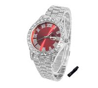 HALUKAKAH Montre Diamants Iced Out pour Garçons Ados - Plaqué Platine, Cadran Rouge 42mm, Longueur 20cm, avec Outil de Réglage - Boîte-Cadeau en Feuille d'or