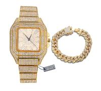 HALUKAKAH Montre Diamants Or Iced Out, Homme Plaqué Or 18 Carats Cadran Chiffres Arabes Quartz 22cm, avec Chaîne Cubaine Bracelet 20cm Ensemble, Livrée avec Boîte Cadeau