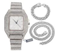 HALUKAKAH Montre Diamants Or Iced Out, Homme Plaqué Platine Or Blanc Cadran Chiffres Arabes Quartz 22cm, avec Chaînes Cubaine Bracelet 20cm + Collier 45cm Ensemble, Livrée avec Boîte Cadeau