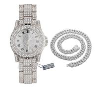 HALUKAKAH Montre Diamants Or Iced Out, Homme Plaqué Platine Or Blanc Cadran Rond 39MM Quartz 22,5cm, avec Chaîne Cubaine Collier 45cm Ensemble, Livrée avec Boîte Cadeau