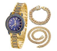 HALUKAKAH Montre en Or avec Diamants Bleus Iced Out pour Enfants - Plaqué Or 18 Carats,Cadran Rond Bleu de 32mm,Quartz Japonais - Longueur 19.5cm - Livrée avec Chaînes Cubaine 18+40cm - pour Fêtes