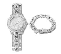 HALUKAKAH Montre en Or avec Diamants Iced Out,Homme Chaîne Cubaine Plaquée Or Blanc Platine Quartz 9,5"(24 cm),avec Bracelet Chaîne Cubaine de 8"(20CM),Coffret Cadeau Gratuit