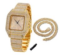 HALUKAKAH Montre en Or avec Diamants Iced Out pour Enfants - Plaqué Or 18 Carats,Cadran Carré Chiffres Arabes,Quartz Japonais - Longueur 18.5cm,Livrée avec Chaîne Cubaine 40cm & Outil de Réglage
