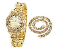 Halukakah Montre en Or avec Diamants Iced Out pour Enfants - Plaqué Or 18 Carats,Cadran Rond Chiffres Arabes,Quartz Japonais - Longueur 19.5cm,Livrée avec Chaîne Cubaine 40cm -pour Anniversaires,Fêtes