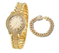 Halukakah Montre en Or avec Diamants Iced Out pour Enfants - Plaqué Or 18 Carats,Cadran Rond Chiffres Arabes,Quartz Japonais - Longueur 19.5cm,Livrée avec Chaîne Cubaine 18cm -pour Anniversaires,Fêtes