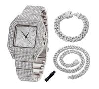 HALUKAKAH Montre en Or avec Diamants Iced Out pour Enfants - Plaqué Platine,Cadran Carré Chiffres Arabes,Quartz Japonais - Longueur 18.5cm,Livrée avec Chaînes Cubaine 18+40cm & Outil de Réglage