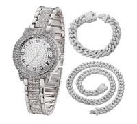 Halukakah Montre en Or avec Diamants Iced Out pour Enfants - Plaqué Platine,Cadran Rond Chiffres Arabes,Quartz Japonais - Longueur 19.5cm,Livrée avec Chaînes Cubaine 18+40cm - pour Anniversaires,Fêtes