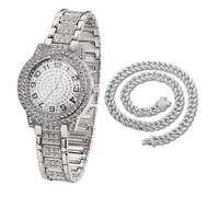 HALUKAKAH Montre en Or avec Diamants Iced Out pour Enfants - Plaqué Platine,Cadran Rond Chiffres Arabes,Quartz Japonais - Longueur 19.5cm,Livrée avec Chaîne Cubaine 40cm - pour Anniversaires,Fêtes