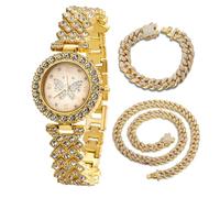 HALUKAKAH Montre en Or avec Diamants Iced Out pour Filles,Ados,Enfants - Plaqué Or 18 Carats,Cadran 29 mm Motif Papillon,Quartz Japonais - Longueur 19,5cm - Livrée avec Chaînes Cubaine 18+40cm
