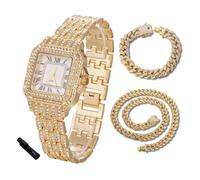 Halukakah Montre en Or avec Diamants Iced Out pour Garçons,Ados,Enfants - Plaqué Or 18 Carats,Cadran Carré 31mm,Quartz Japonais - Longueur 20.5cm,Livrée avec Chaînes Cubaine 18+40cm & Outil de Réglage