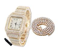 HALUKAKAH Montre en Or avec Diamants Iced Out pour Garçons,Ados,Enfants - Plaqué Or 18 Carats,Cadran Carré 40mm,Quartz Japonais - Longueur 18.5cm,Livrée avec Chaîne de Tennis 40cm & Outil de Réglage