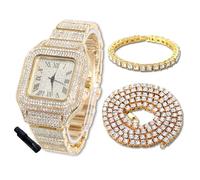 Halukakah Montre en Or avec Diamants Iced Out pour Garçons,Ados,Enfants -Plaqué Or 18 Carats,Cadran Carré 40mm,Quartz Japonais -Longueur 18.5cm,Livrée avec Chaînes de Tennis 18+40cm & Outil de Réglage