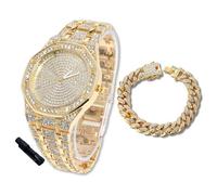 HALUKAKAH Montre en Or avec Diamants Iced Out pour Garçons,Ados,Enfants - Plaqué Or 18 Carats,Cadran Octagonale 41mm,Quartz Japonais - Longueur 19cm,Livrée avec Chaîne Cubaine 18cm & Outil de Réglage