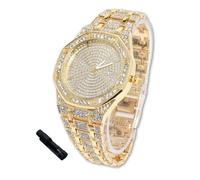 HALUKAKAH Montre en Or avec Diamants Iced Out pour Garçons,Ados,Enfants - Plaqué Or 18 Carats,Cadran Octagonale 41mm,Quartz Japonais - Longueur 19cm,Livrée avec Outil de Réglage - pour Anniversaires