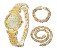 HALUKAKAH Montre en Or avec Diamants Iced Out pour Garçons,Ados,Enfants - Plaqué Or 18 Carats,Cadran Rond 31mm,Quartz Japonais - Longueur 20.5cm,Livrée avec Chaînes Cubaine 18+40cm & Outil de Réglage