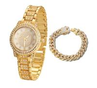 HALUKAKAH Montre en Or avec Diamants Iced Out pour Garçons,Ados,Enfants - Plaqué Or 18 Carats,Cadran Rond Strass Gypsophile,Quartz Japonais - Longueur 19,5cm - Livrée avec Chaîne Cubaine 18cm