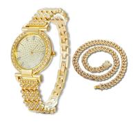 HALUKAKAH Montre en Or avec Diamants Iced Out pour Garçons,Ados,Enfants - Plaqué Or 18 Carats,Cadran Rond 31mm,Quartz Japonais - Longueur 20.5cm,Livrée avec Chaîne Cubaine 40cm & Outil de Réglage