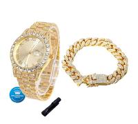 HALUKAKAH Montre en Or avec Diamants Iced Out pour Garçons, Ados, Enfants - Plaqué Or 18K, Cadran Rond 42mm, Quartz Japonais - Longueur 20cm, Livrée avec Chaîne Cubaine 18cm & Outil de Réglage