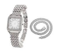 HALUKAKAH Montre en Or avec Diamants Iced Out pour Garçons,Ados,Enfants - Plaqué Platine,Cadran Carré Chiffres Romains,Quartz Japonais - Longueur 19,5cm - Livrée avec Chaîne Cubaine 40cm
