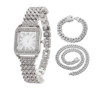 HALUKAKAH Montre en Or avec Diamants Iced Out pour Garçons,Ados,Enfants - Plaqué Platine,Cadran Carré Chiffres Romains,Quartz Japonais - Longueur 19,5cm - Livrée avec Chaînes Cubaine 18+40cm