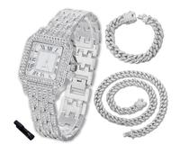 HALUKAKAH Montre en Or avec Diamants Iced Out pour Garçons,Ados,Enfants - Plaqué Platine,Cadran Carré 31mm,Quartz Japonais - Longueur 20.5cm,Livrée avec Chaînes Cubaine 18+40cm & Outil de Réglage