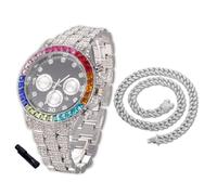 HALUKAKAH Montre en Or avec Diamants Iced Out pour Garçons,Ados,Enfants - Plaqué Platine,Cadran Noir 40mm,Quartz Japonais - Longueur 18.5cm,Livrée avec Chaîne Cubaine 40cm & Outil de Réglage