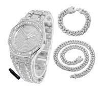 HALUKAKAH Montre en Or avec Diamants Iced Out pour Garçons,Ados,Enfants - Plaqué Platine,Cadran Octagonale 41mm,Quartz Japonais - Longueur 19cm,Livrée avec Chaînes Cubaine 18+40cm & Outil de Réglage