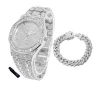 HALUKAKAH Montre en Or avec Diamants Iced Out pour Garçons,Ados,Enfants - Plaqué Platine,Cadran Octagonale 41mm,Quartz Japonais - Longueur 19cm,Livrée avec Chaîne Cubaine 18cm & Outil de Réglage
