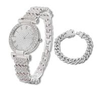 HALUKAKAH Montre en Or avec Diamants Iced Out pour Garçons,Ados,Enfants - Plaqué Platine,Cadran Rond 31mm,Quartz Japonais - Longueur 20.5cm,Livrée avec Chaîne Cubaine 18cm & Outil de Réglage