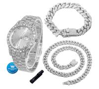 HALUKAKAH Montre en Or avec Diamants Iced Out pour Garçons, Ados, Enfants - Plaqué Platine, Cadran Rond 42mm, Quartz Japonais - Longueur 20cm, Livrée avec Chaînes Cubaine 18+40cm & Outil de Réglage