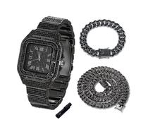 HALUKAKAH Montre en Or avec Diamants Iced Out pour Garçons,Ados,Enfants - Plaqué Rhodium Noir,Cadran Carré 40mm,Quartz Japonais - Longueur 20cm,Livrée avec Chaînes Cubaine 18+40cm & Outil de Réglage
