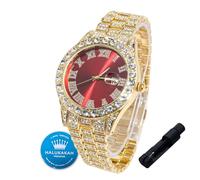 HALUKAKAH Montre en Or avec Diamants pour Garçons,Ados,Enfants - Plaqué Or 18K,Cadran Rouge 42mm,Quartz Japonais - Bracelet Réglable de 20cm,avec Outil de Réglage - pour Anniversaires,Fêtes