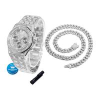 HALUKAKAH Montre en Or avec Diamants pour Garçons,Ados,Enfants - Plaqué Platine,Cadran Octogonal 40mm avec Chiffres Romains,Quartz Japonais - 20cm,Livrée avec Chaîne Cubaine 40cm & Outil de Réglage