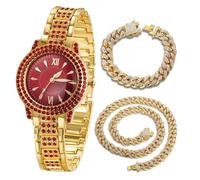 HALUKAKAH Montre en Or avec Diamants Rouges Iced Out pour Enfants - Plaqué Or 18 Carats,Cadran Rond Rouge de 32mm,Quartz Japonais - Longueur 19.5cm - Livrée avec Chaînes Cubaine 18+40cm - pour Fêtes