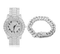 HALUKAKAH Montre en Or Diamants Iced Out, Homme Chiffres Romains Plaqué Platine Or Blanc de Bracelet en Quartz 24cm, avec Chaîne de Cubains Bracelet 20cm, Boîte Cadeau Gratuit