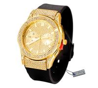 HALUKAKAH Montre en Or et Diamants de Gamme pour Hommes, Luxe Plaqué Or Réel 18k, Étanche de Base, Faux Cadran à Double Calendrier avec Iced Out, Bracelet Noir Réglable, Boîte Cadeau Incluse