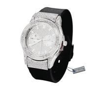 HALUKAKAH Montre en Or et Diamants Moissanite pour Hommes, Luxe Plaqué Platine Or Blanc, Étanche de Base, Faux Cadran à Double Calendrier avec Iced Out, Bracelet Noir Réglable,Boîte Cadeau Incluse