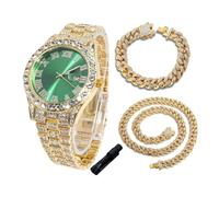 Halukakah Montre en or glacé pour garçon, adolescent, enfant - Plaqué or véritable 18 carats / platine - Cadran bleu/vert/rouge de 42 mm, quartz japonais - Longueur 20,3 cm - En option avec chaîne à