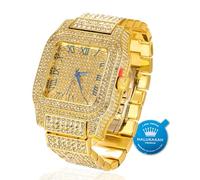 HALUKAKAH Montre en Or Moissanite Diamant Premium pour Hommes - Plaqué Or 18k, Étanchéité Basique, Cadran Carré Chiffres Romains, 200g Lourde, 3 Côtés Iced Out, Bracelet 24cm - Boîte Cadeau Inclus