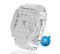 Halukakah Montre en Or Moissanite Diamant Premium pour Hommes - Plaqué Or Blanc Platine,Étanchéité Basique,Cadran Carré Chiffres Romains,200g Lourde,3 Côtés Iced Out,Bracelet 24cm -Boîte Cadeau Inclus