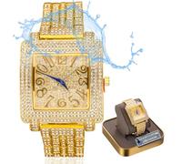HALUKAKAH Montre en Or Premium avec Diamants pour Homme,Luxe Plaqué Or Réel 18k,Étanche de Base,Cadran Carré Extra Grand avec Chiffres Artistry,Iced Out,Bracelet 24cm,Boîte Cadeau Incluse
