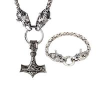 HALUKAKAH Parure Marteau de Thor Viking & Bracelet Acier Assorti - Collier 60cm + Bracelet 21cm - Ton Argent Sterling Vieilli en Acier Titane - Bijou Mythologie Nordique - Cadeau pour Homme