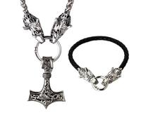 HALUKAKAH Parure Marteau de Thor Viking & Bracelet Cuir Tressé - Collier 60cm + Bracelet Corde 21cm - Pendentif en Acier Titane Ton Argent Vieilli - Bijou Mythologie Nordique - Cadeau pour Homme