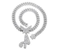 HALUKAKAH Plaqué Or Véritable 18 Carats/Platine Collier pour Hommes et Femmes - Plus de 1000 Diamants - Chaîne à Maillons Cubains - Pendentif Lettre Initiale Papillon 3D - Idée Cadeau pour Proches